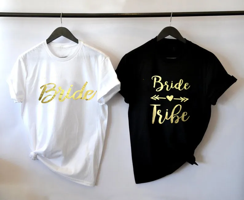 

Bride Tribe Feamale Shirts Fashion Bachelorette Party Tshirt O Neck Cotton Clothing Funny Gold Letter Women Short Sleeve Shirt