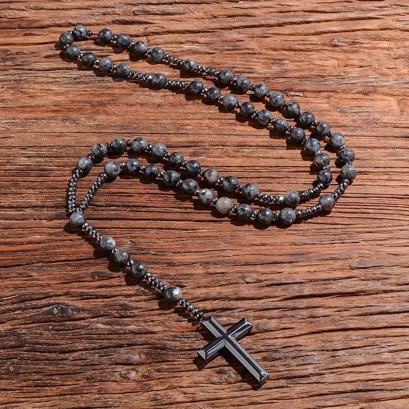 Black Labradorite Catholic Christian Rosary Beaded Necklace Cross Pendant Men and Women Meditation Yoga Mala Jewelry