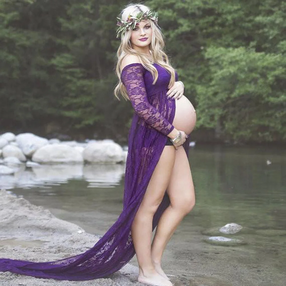 

Sexy Maternity Dresses For Photo Shoot Lace Long Sleeve Pregnancy Dress Photography Props Split Front Pregnant Women Maxi Gown