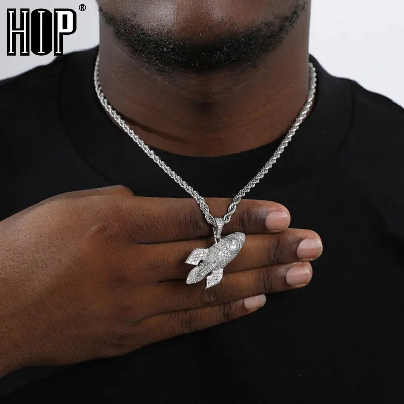 Hip Hop Iced Out Cubic Zircon Bling CZ Rocket Pendants & Necklaces For Men Jewelry With Tennis Chain