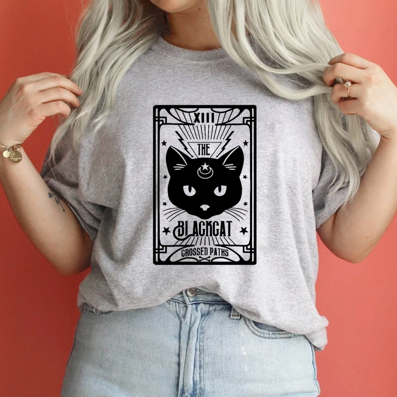 The Black Cat Crossed Paths T-shirt Spooky Women Halloween Witch Party Tshirt Funny Fortune Telling Wiccan Tarot Card Tops Tees