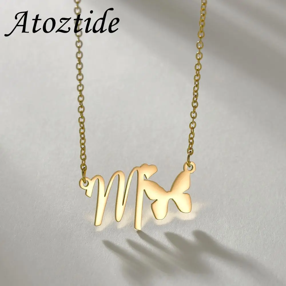 Atoztide Personalized One Name Butterfly Necklaces Nameplate Jewelry Stainless Steel Gold Color Custom Women For Women Men Gifts