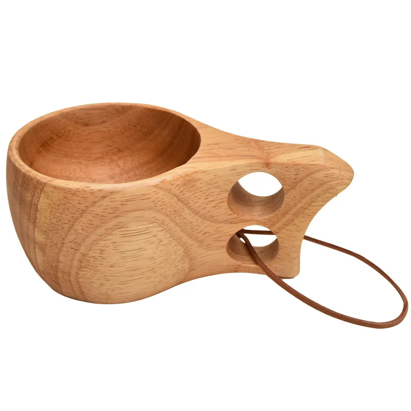 Kuksa Rubber Wood Water Cup, Portable Coffee Mug with Handle, Cowhide Rope Hook, Juice Milk Beer Tea Cup, Outdoor Drinkware