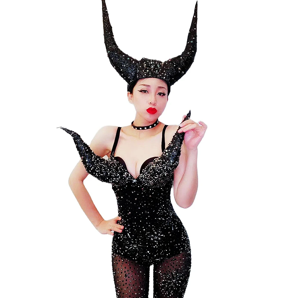 Horns Decoration Women Shining Diamonds Jumpsuits Elastic Black Mesh Perspective Bodysuits Nightclub Bar Prom Party Costume