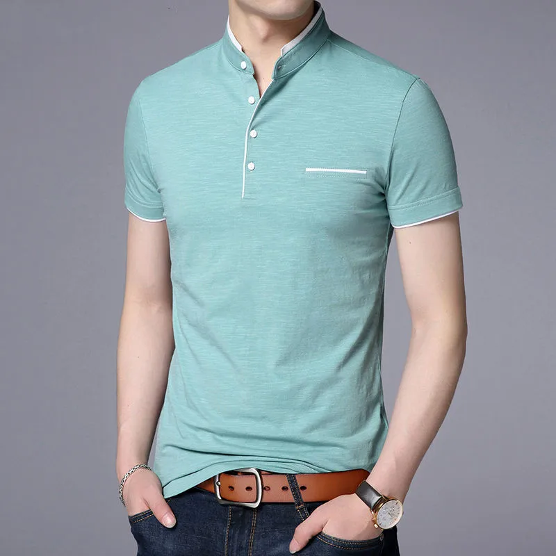 New Summer Short Sleeve Men T Shirt Fashion Slim Fit Stand Collar Men\'s Tops Tees Cotton Business Casual Mens Clothing 2022