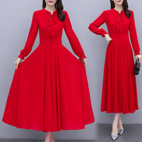 TingYiLi Women Chiffon Long Dress Spring Autumn Long Sleeve Red Black Dress Korean Ladies Elegant Office Wear Dress