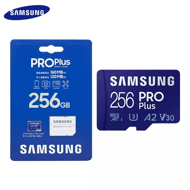 Samsung-Pro Plus Cartão de Memória Original, MicroSD, TF, 128GB, 256GB, 512GB, 160 Mbps, C10, U3, V30 Micro SD, SDXC, 4K Vídeo, câmera do telefone, novo