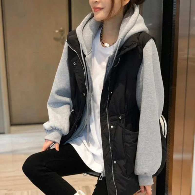 Down Cotton Jacket Fashion Casual Fake Two-Piece Coat Women 2023 Autumn And Winter New Splicing Sweater Hooded Waist Vest M188