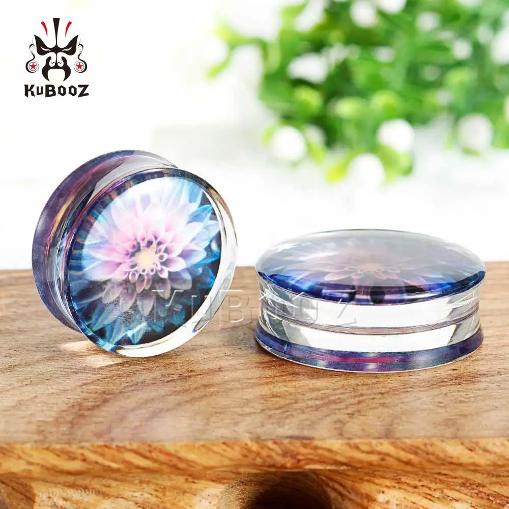 Kubooz New Colorful Flowers Design Simple Transparent Arylic Ring Body Jewellery Fashion Ear Plugs Gaugues Tunnels 2PCS