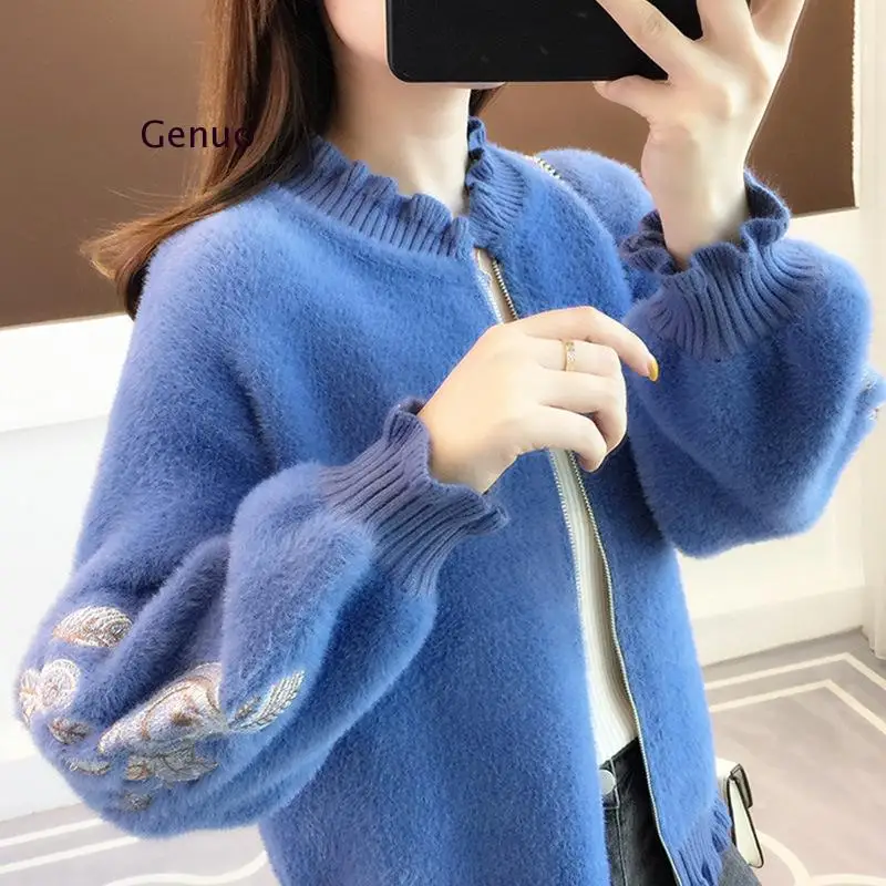 Korean Faux Mink Cashmere Sweater V Neck Embroidery Long Lantern Sleeve Zipper Cardigans Autumn Winter New Fashion Coats