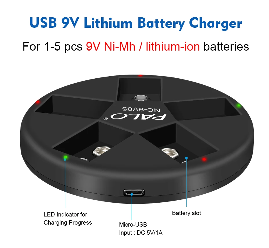 PALO 5 Slots 9V 6F22 Charger Smart Charger USB 9 Volt Battery Charger for 9V Ni-MH Lithium-ion Rechargeable Batteries