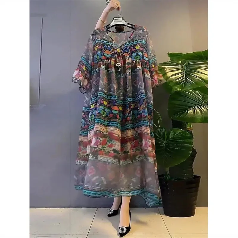 

Fashion 6XL Summer Print Dress Women 2022 Retro Temperament Long Dress Female Loose And Thin Dress Round neck Elegant Mujer