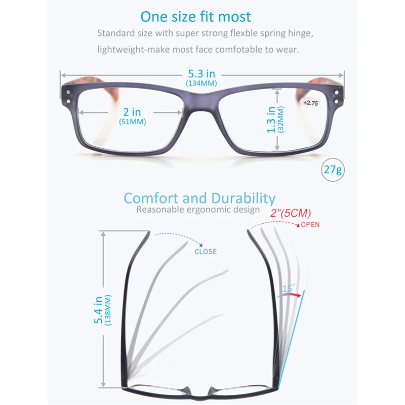 MODFANS Men Women Reading Glasses Classic Square Frame Spring Hinge Lightweight with Diopter MSR034