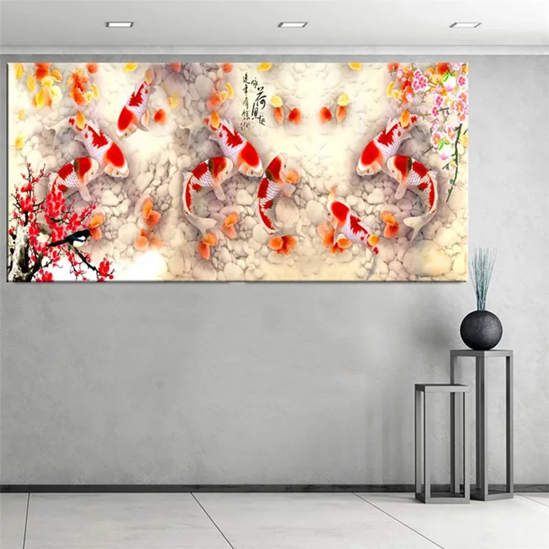 طباعة الصينية مجردة تسعة كوي الأسماك لوتس النفط الطلاء على قماش المشارك فنغ شوي جدار صورة فنية لغرفة المعيشة ديكور المنزل