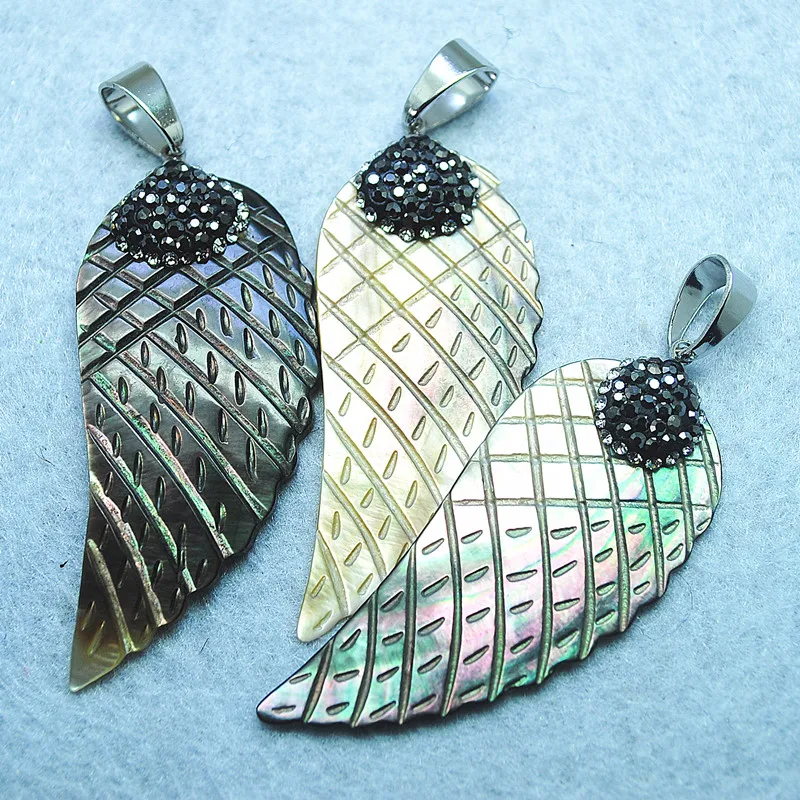 2PCS Nature Black Shell Ppendants New Wings Shape Women's Mother Of Pearl with Rhinestone Good Quality 55X25MM