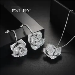 FXLRY New Design Romantic White CZ Cubic Zircon Flower Drop Pendant Necklace And Earrings Jewelry Set Jewelry
