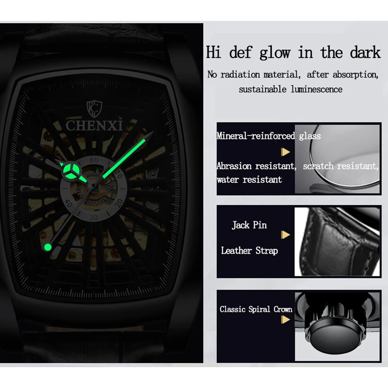 Часы наручные Chenxi Мужские автоматические, брендовые деловые светящиеся с квадратным циферблатом, с кожаным ремешком, с вырезами