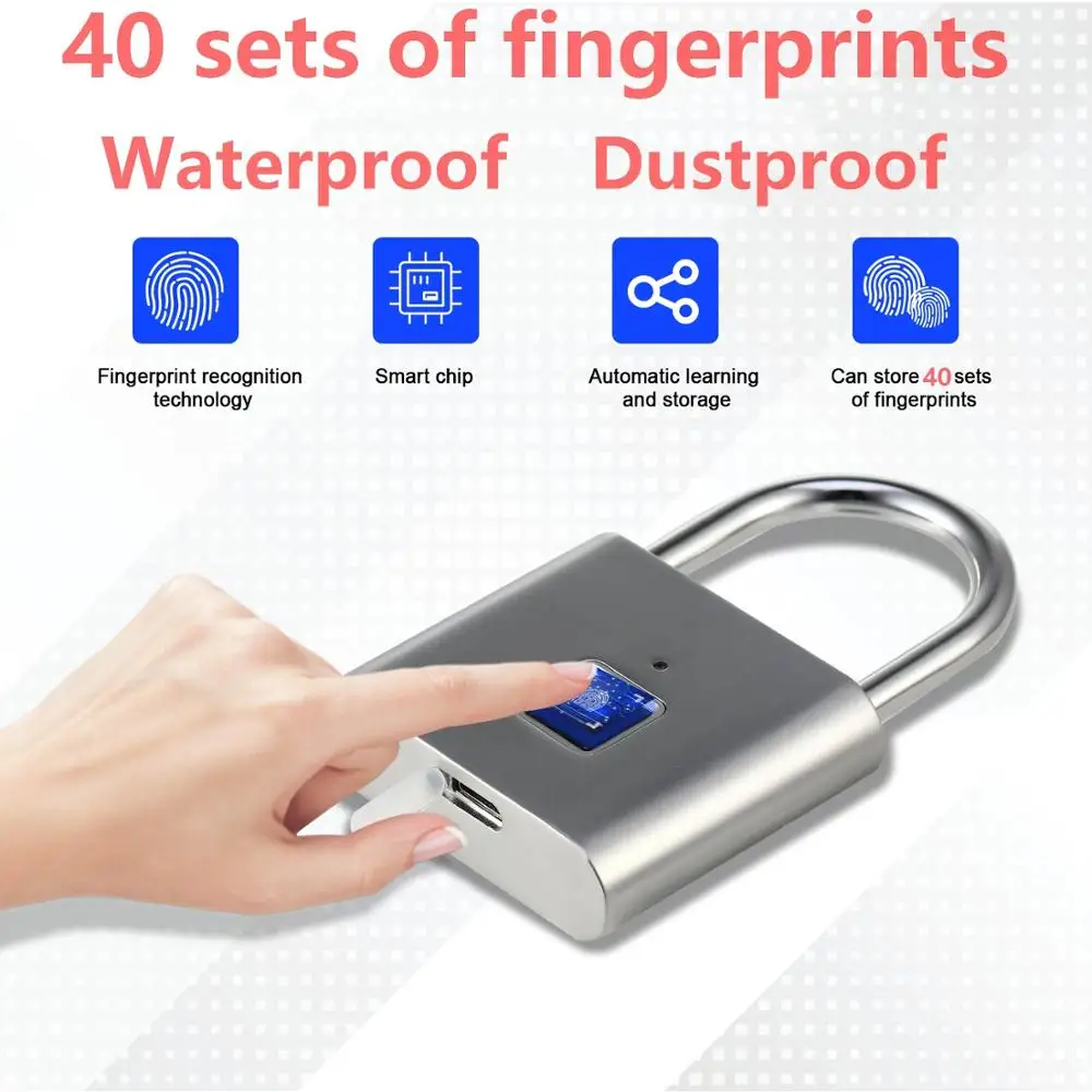 Rechargeable IP66 Waterproof Keyless Smart Fingerprint Lock Anti-Theft Security Door Luggage Case Padlock