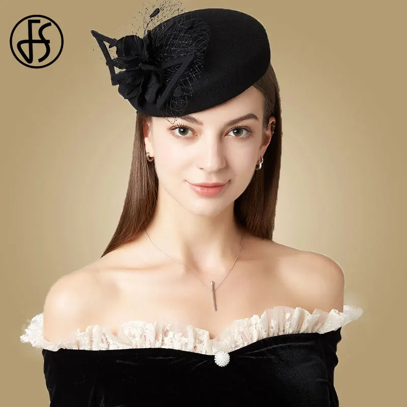 FS 2023 New Vintage Black 100% Wool Hats For Women Fashion Fedora Hat Mesh Flower Hat Wedding White Elegant Ladies Pillbox Hat