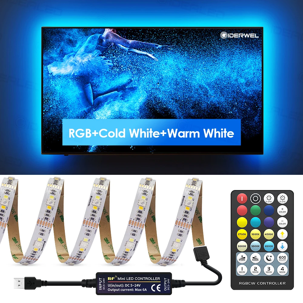 

TV LED Strip Light Remote Control USB Mini Control Backlight 2m set RGB+Warm White+Cold White 5V Color Ambient Lighting