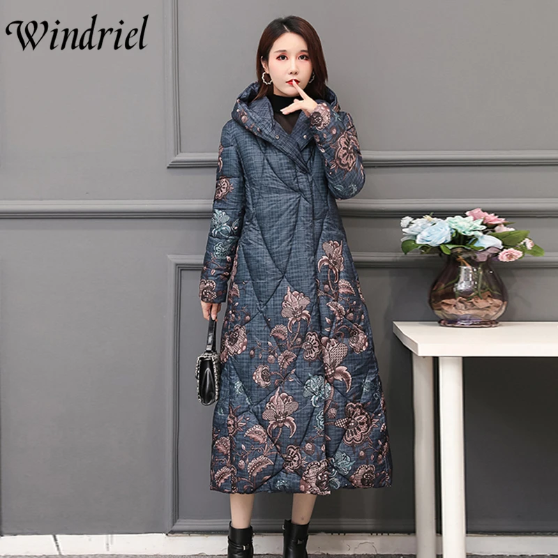 Windriel Oversized Loose Parkas Lady Print High Street Long Coats Women Cotton Padded Clothing Outerwear Hooded Jackets