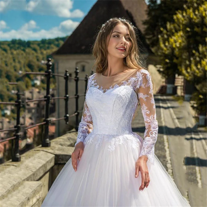 Sumnus mangas compridas apliques de renda a linha vestidos de casamento vestidos de noiva feitos sob encomenda do jardim vestidos de casamento formais 2021