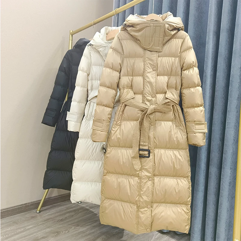 

LY VAREY LIN New Winter Thick Warm Long Jacket Women Fashion Hooded 90% White Duck Down Coat Slim Zipper Lace-up Snow Outwear