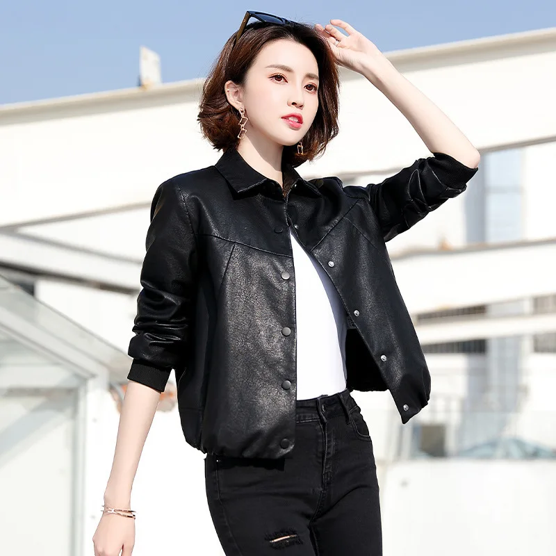 2XL Large Size Leather Jacket Women Fashion Elastic Waist Single Breasted Loose Outerwear Spring New Short PU Leather Jackets