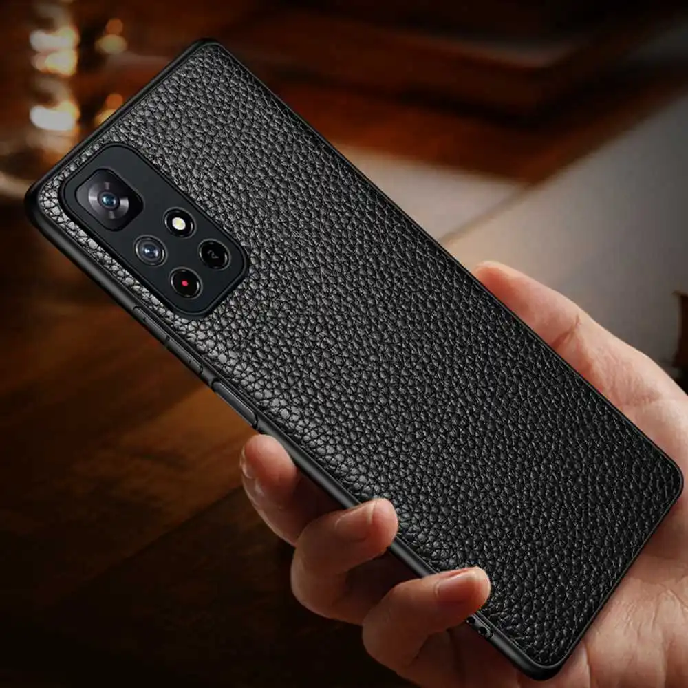 Genuine Leather Case for Xiaomi POCO M4 Pro (5G) Case Luxury Lychee Grain Coque For POCO M4Pro Cover Phone Shell