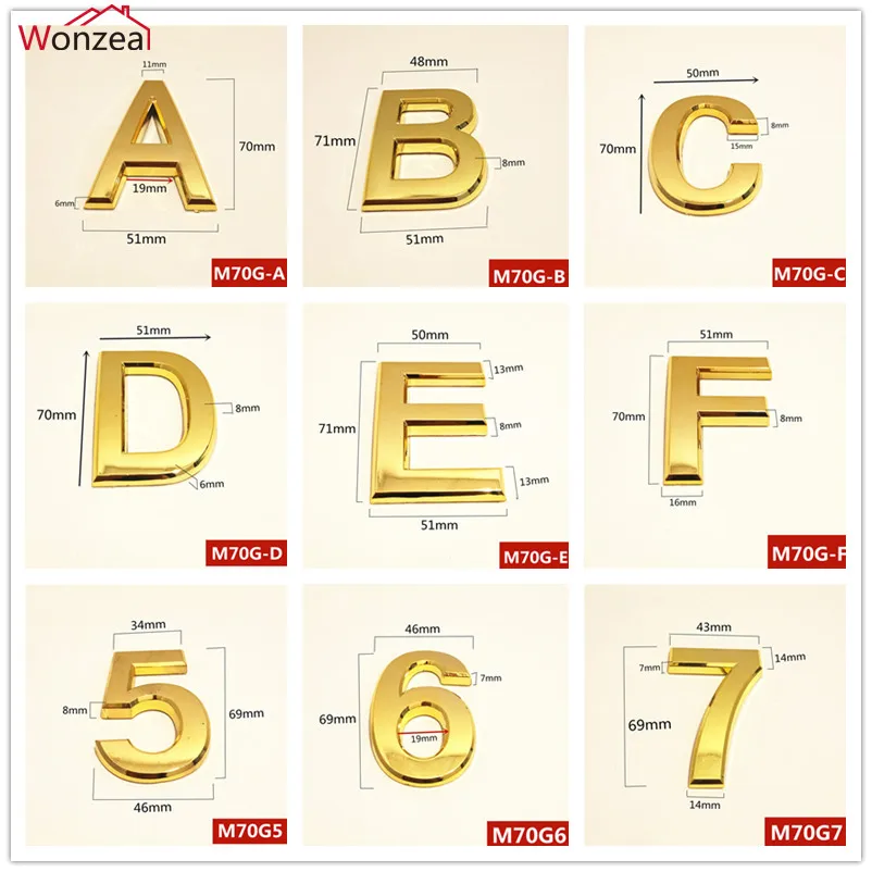 7CM 3D Mirror Gold Digital House Number Electroplating Plastic 0-9 A-Z Room Number & Letters Sign Label Home Door Plate Hardware