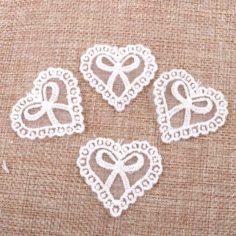 New 20Pcs White heart shape Vintage Lace Stick, Sew on Fabric Flower Motifs, Craft, Sewing, Patches 3.6x3.9cm