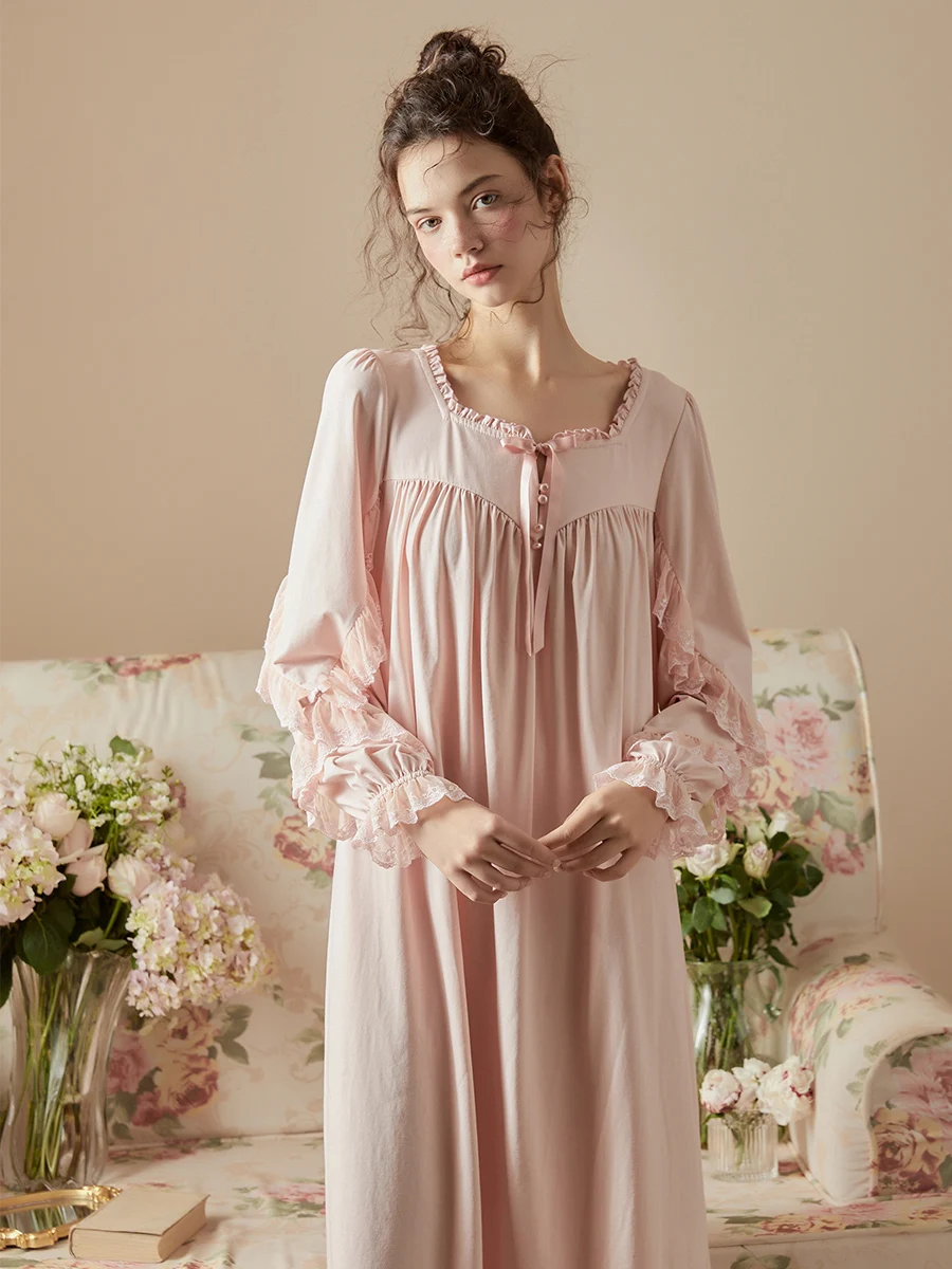 

Hanxiuju Vintage Long Nightshirts For Women Royal Princess Delicate Lace Sleeve Loose Solid Color Sweet Sleepwear Home Wear