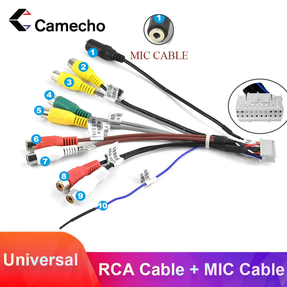 

Кабель Camecho 2 Din, выходной кабель RCA, универсальный внешний кабель-адаптер для микрофона, для автомобильного радиоприемника 2 din, выходной кабель RCA, кабель для микрофона