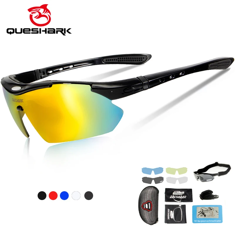 QUESHARK Polarized Cycling Glasses Sports Bicycle Glasses Bike Sunglasses Fishing Goggles Cycling Eyewear 5 Lens+Myopia Frame