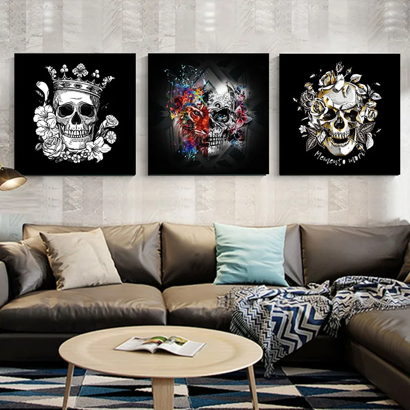 3 Panels Horrified Skull Print On Canvas Poster Halloween Abstract Canvas Painting Wall Art Pictures for Living Room Home Decor