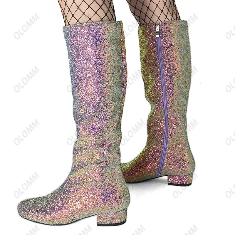 Olomm New Stylish Women Knee High Glitter Boots Square Low Heels Round Toe Purple Silver Club Wear Shoes Women Plus US Size 5-15