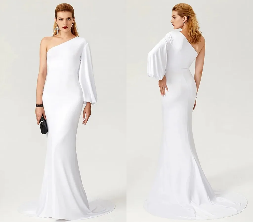 

White Engagement Formal Prom Dress One Shoulder Long Sleeve Evening Party Gown Arabic Dubai 2022 Vestidos Robe De Soiree