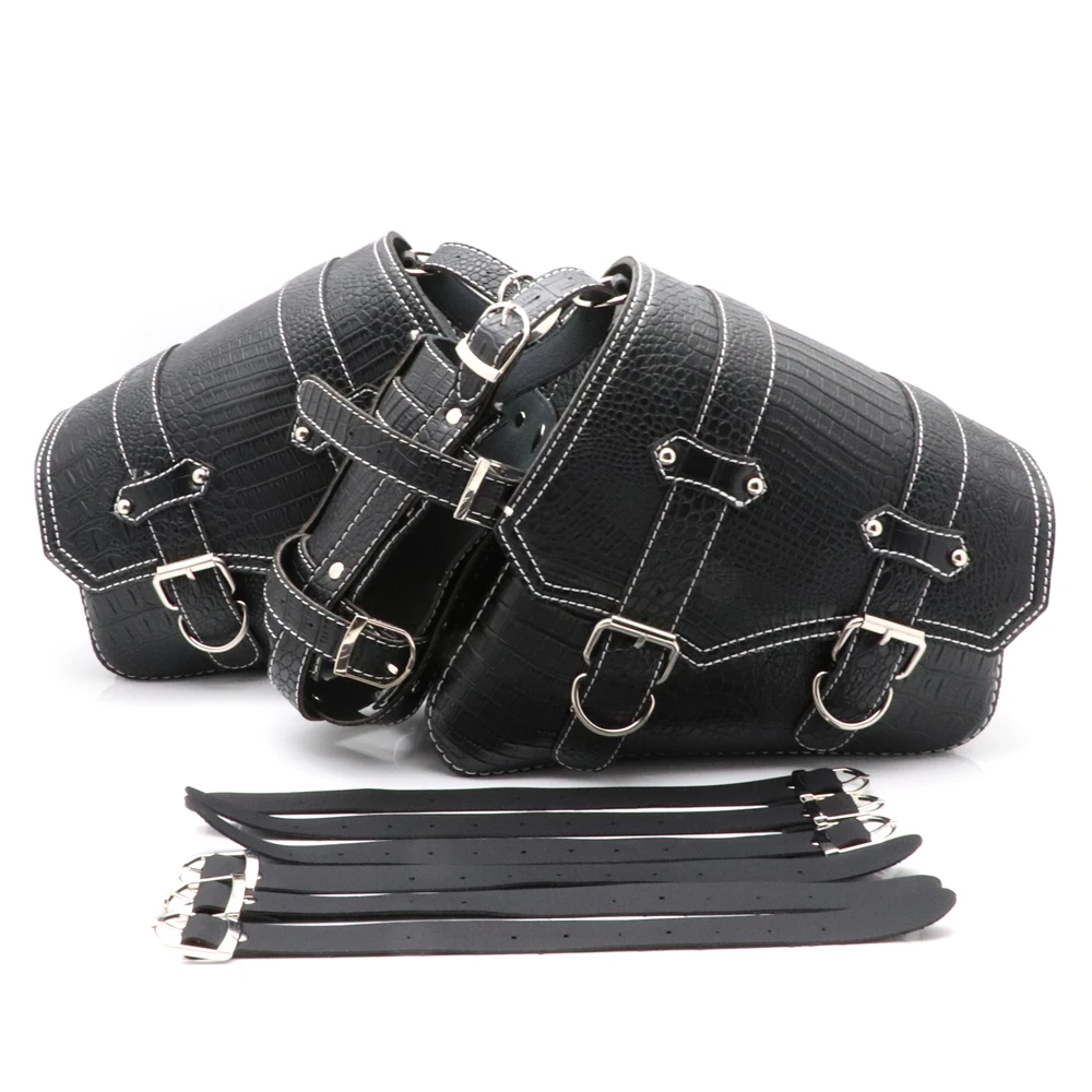 Universal Motorcycle Left/Right Side Storage Tool Saddle Pouch Black Luggage Bags Saddlebags Crocodile Pattern Metal Buckle