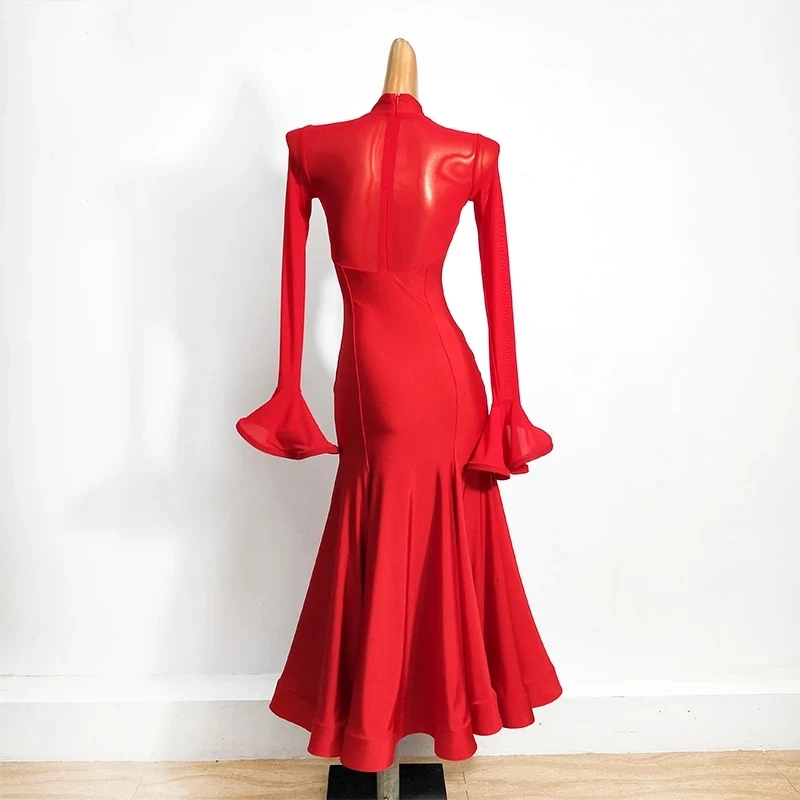 Ballroom Dance Dress For Women Red Long Sleeve Dress National Standard Dance Dress Modern Waltz Ballroom Dancing Clothes