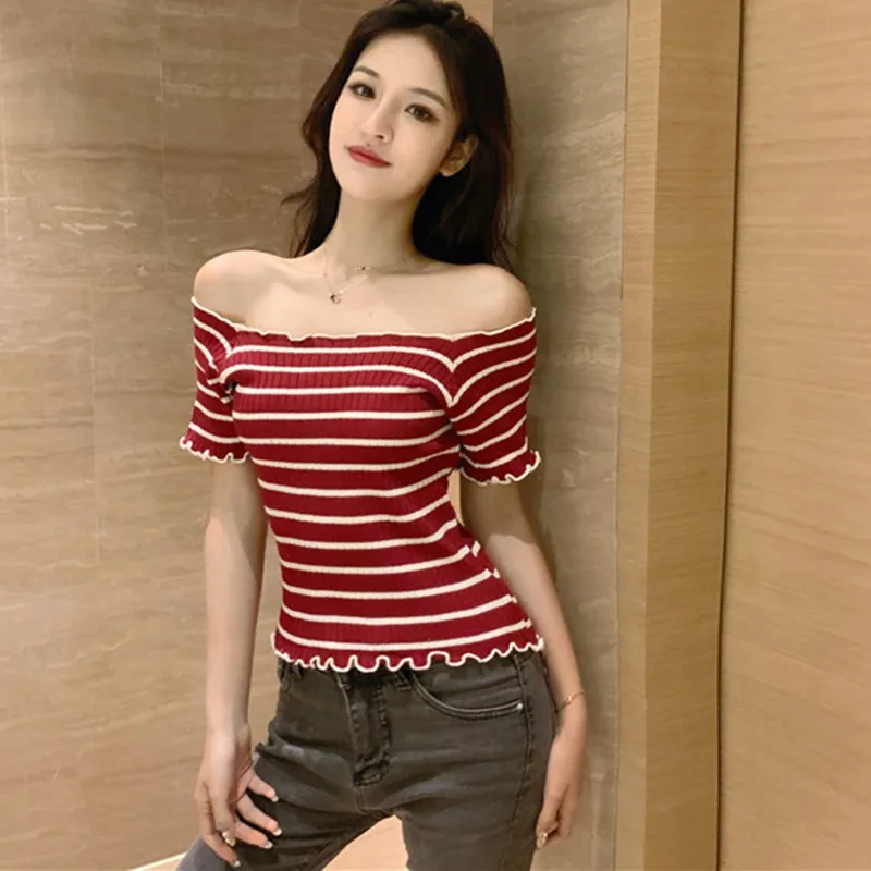 Summer Striped Short Sleeve FashionT Shirt Women Sexy Slash Neck Knitted Ruffles Elastic Beatiful T shirt 2020