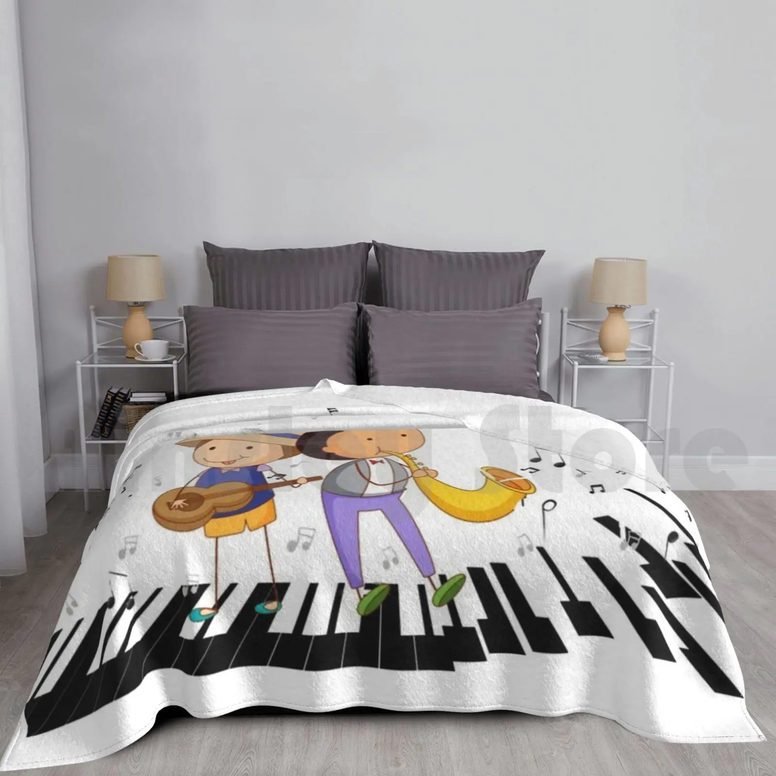 Kids And Music 04 Blanket For Sofa Bed Travel Music Kids Boy Boys Boy Playing Trumpet Boy Playing Saxophone