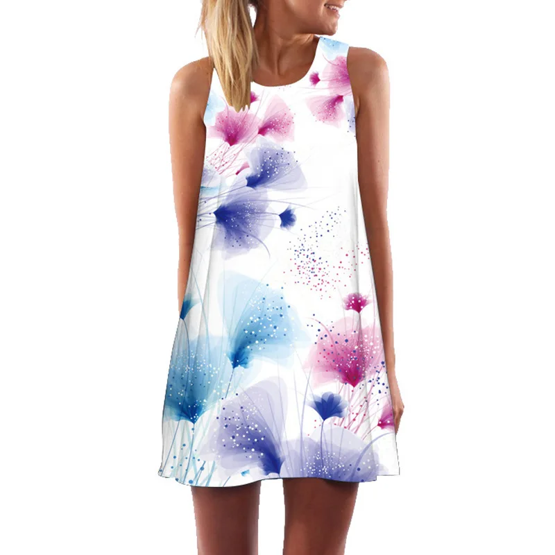 Neue Sommer Damen Kleid Mode 3D Digitaldruck O-ansatz Weg Schulter Mini Kleid Frauen Lose Beiläufige Strand Urlaub Sommerkleid