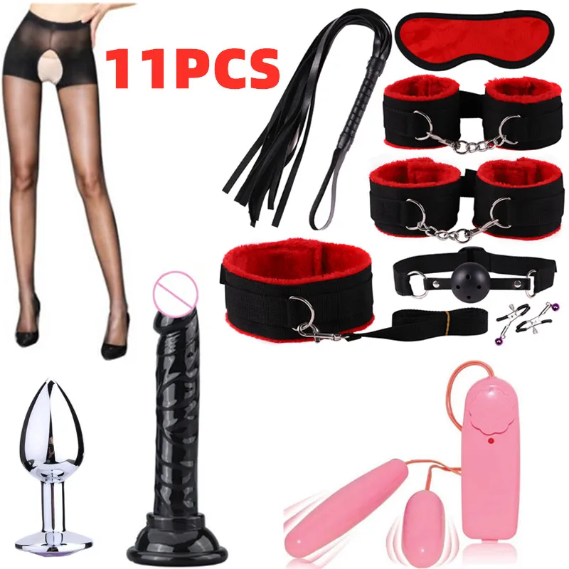 Women Fetish Mouth Gag Handcuffs Bondage Restraint Dildo Vibrator Anal Plug Nipple Clip Vibrator Adult Sex Toys Bdsm Set