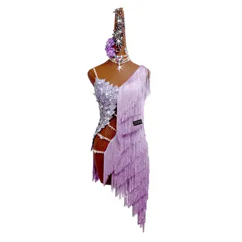 新拉丁舞比賽表演成人訂製紫色流蘇方形性感舞裙 10 最佳銷售 拉丁舞比賽服裝 - №10