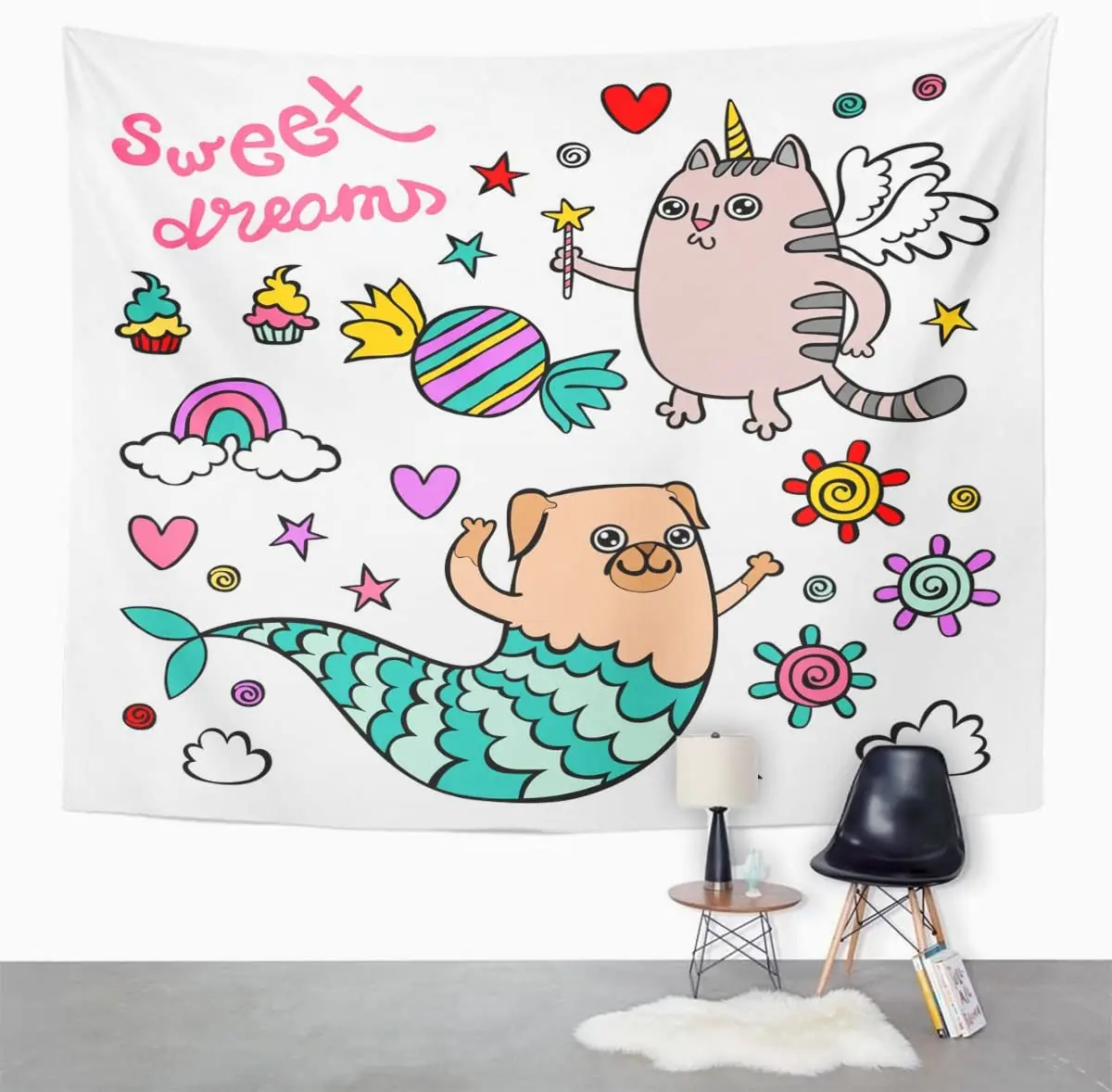 Dog Sweet Dreams Unicorn Cat Pug Mermaid and Rainbow Objects on White Candies Chocolate Tapestry Wall Hanging for Living Room