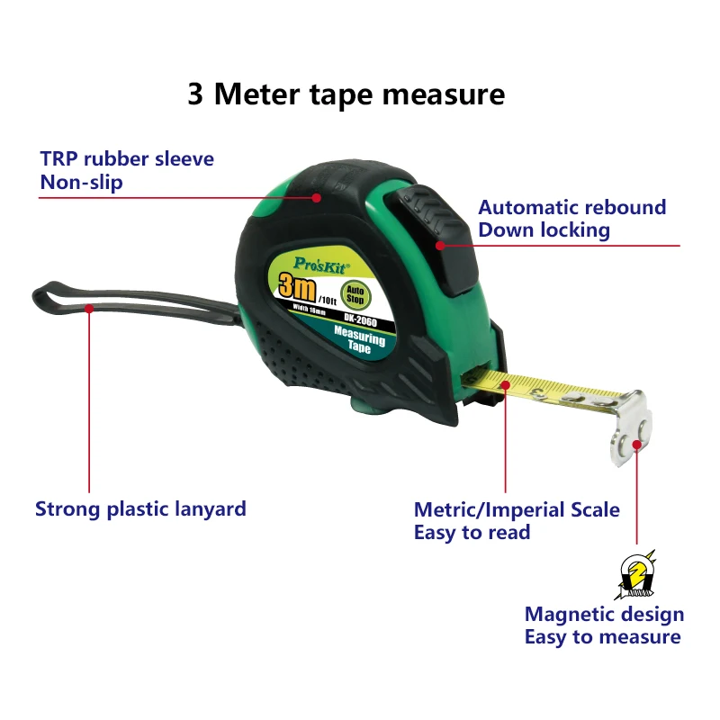 Proskit 3M Self-locking Retractable Tape Measure Imperial/Metric Measuring Cinta Metrica Meter Magnetic Construction Roulette