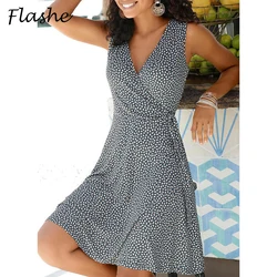 Novo casual polka dot vestido feminino com decote em v sem mangas bandagem praia vestido de verão boêmio vestidos para roupas femininas S-5XL
