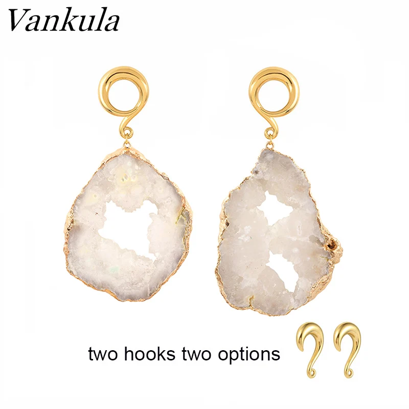 Vankula 2pcs Purple Natural Stone Ear plugs Tunnel Ear Weights 316L Stainless Steel Hook Ear Piercing Hangers 4mm 6mm 8mm