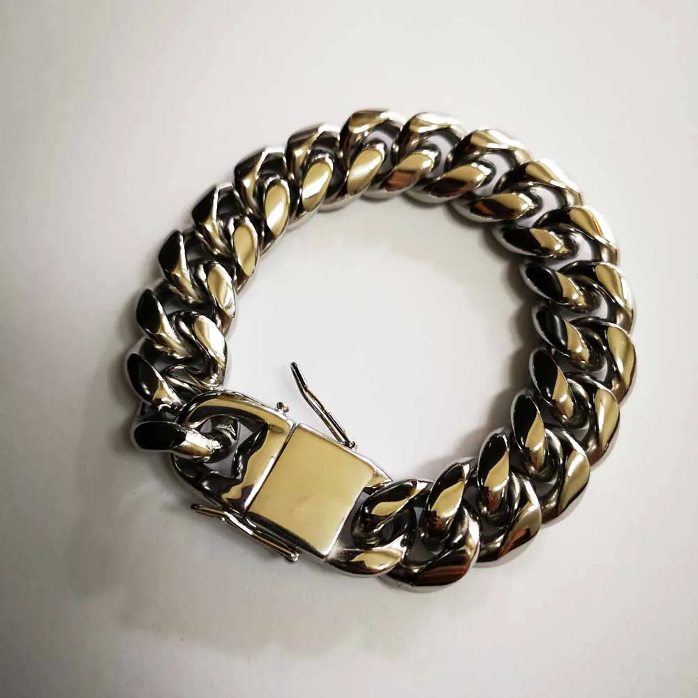 Top Quality 316L Stainless Steel Miami Curb Cuban Chain Link Men Bracelet Dragon Lock Clasp Hip Hop Women Silver Plated Jewelry