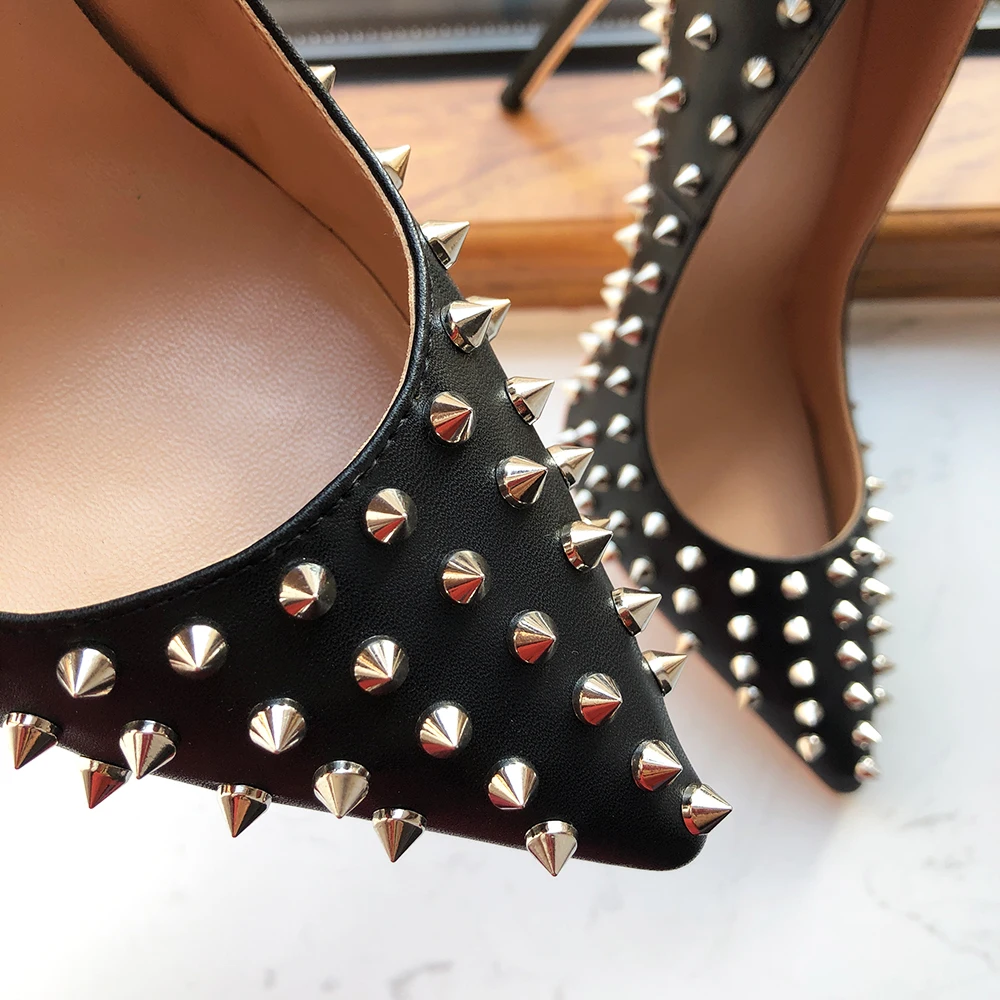 Tikicup Silver Spikes Women Black Matte Sexy Stiletto High Heels Ladies Wild Party Club High Heel Shoes 8cm 10cm 12cm Customize